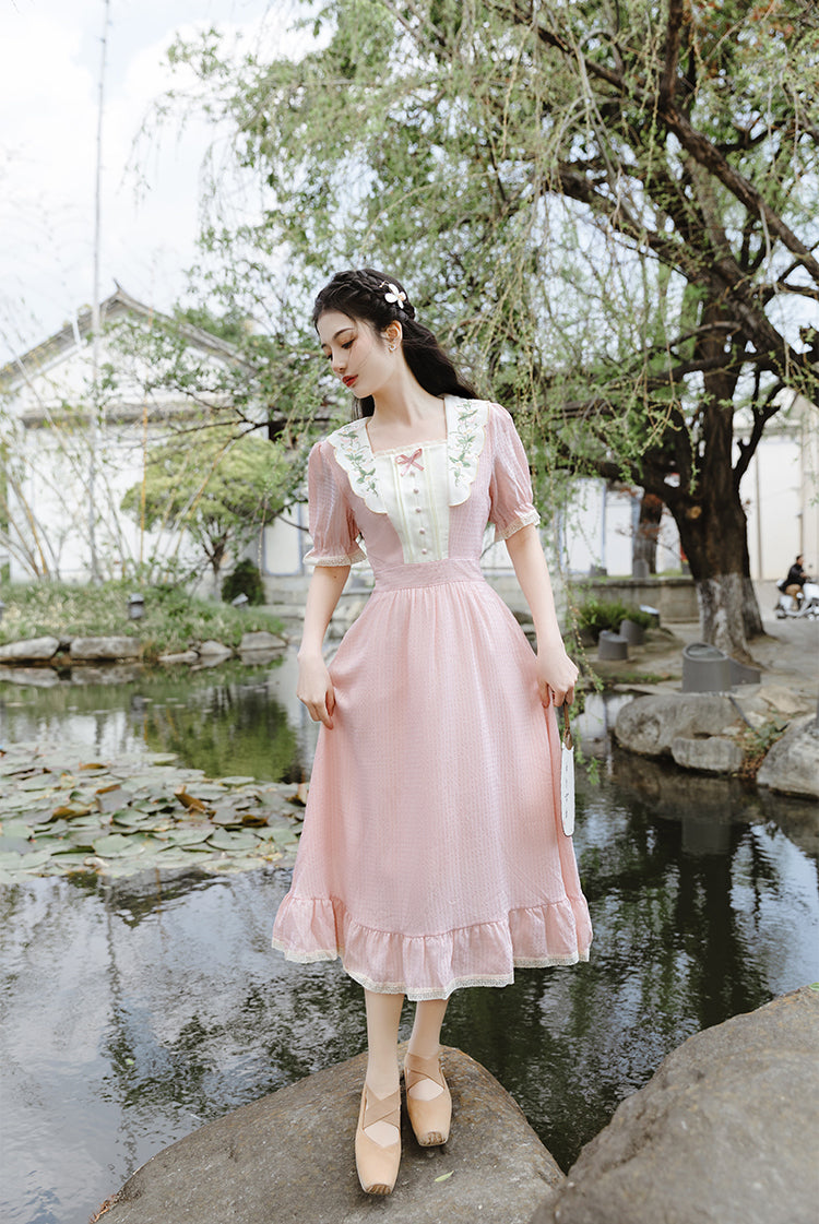 Sweet Floral Embroidered Midi Dress (Pink)