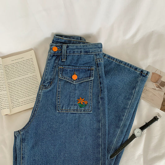 Embroidered Button Pocket Jeans (Medium Denim)