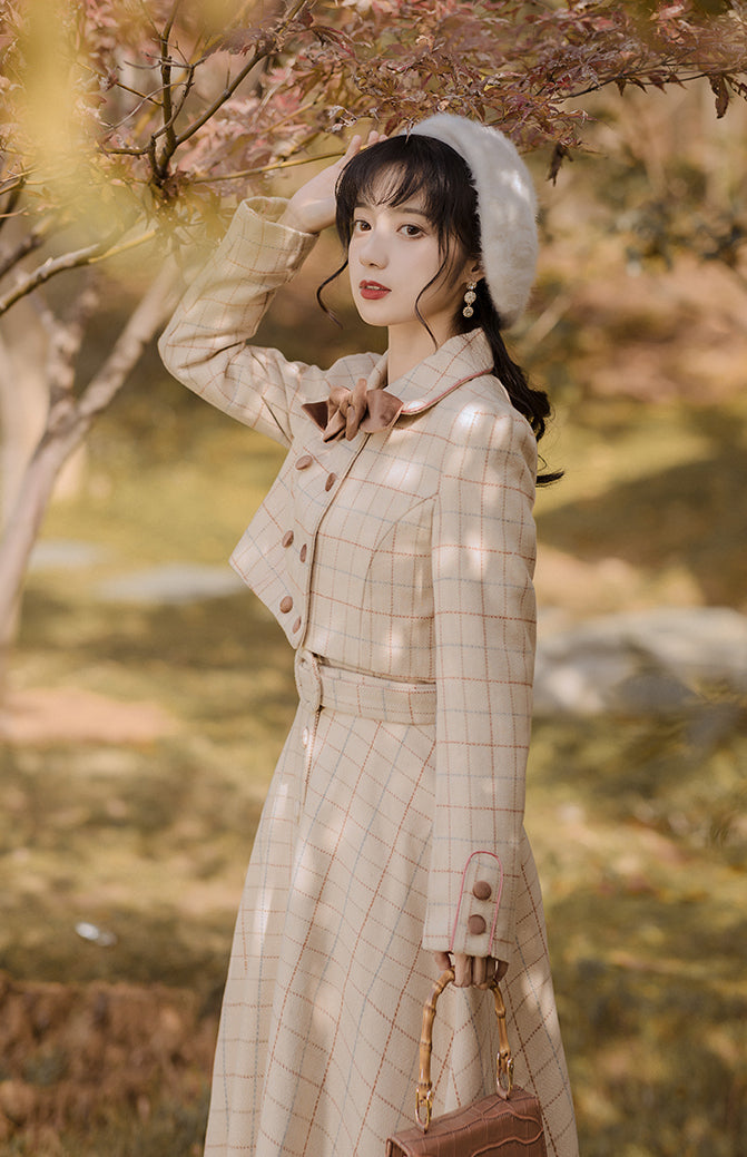 Milky Plaid Tweed Cropped Jacket (Cream/Brown)