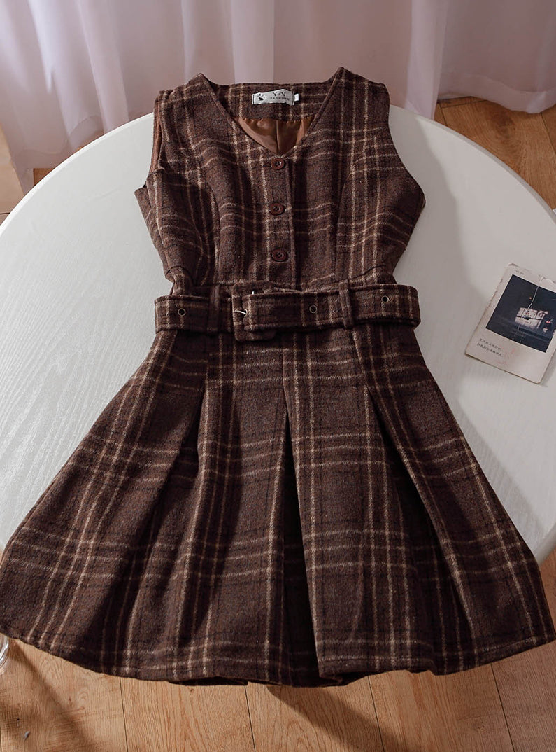Coffee Plaid Pinafore Dress / Blouse (Brown)