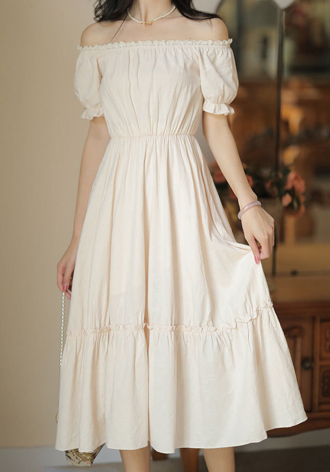 Basic Off Shoulder Jacquard Midi Dress (Cream)