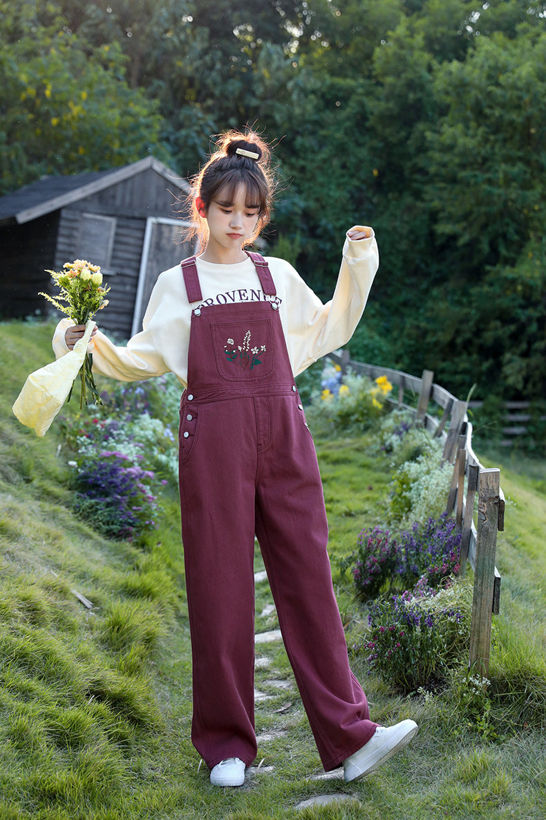 Wildflower Embroidered Overalls (Berry)