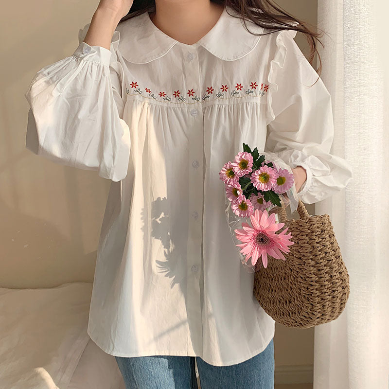 Daisy Chain Embroidered Button Up Shirt (White)