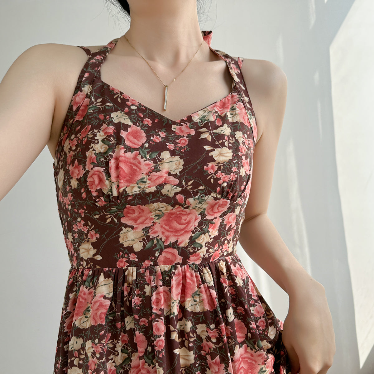 Vintage Rose Halter Midi Dress (2 Colors) Brown / S Vintage Rose Halter Midi Dress (2 Colors) Brown / S