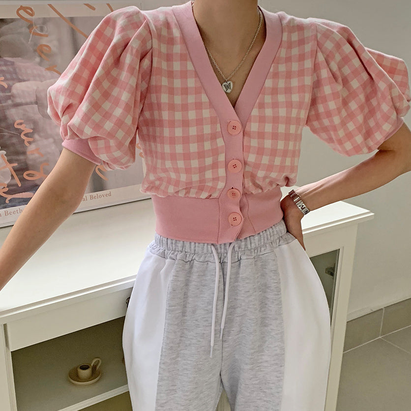 Puff Sleeve Gingham Cropped Cardigan (2 Colors)