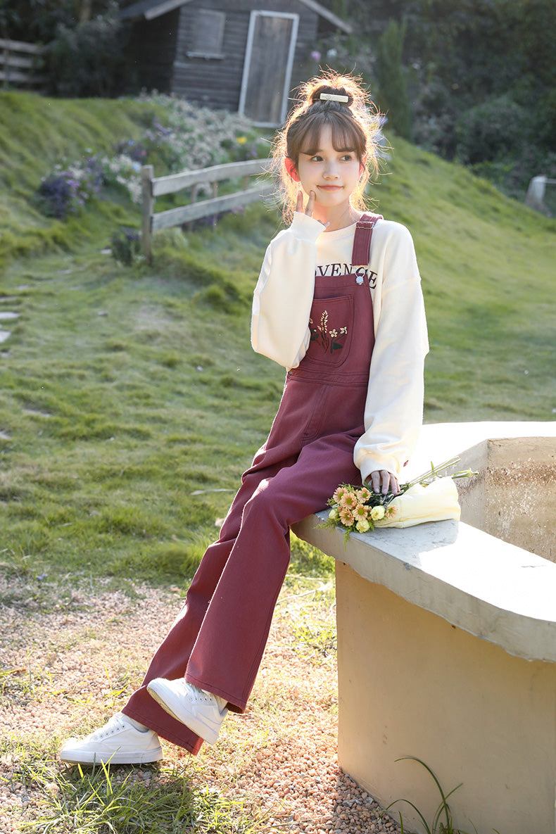 Wildflower Embroidered Overalls (Berry)