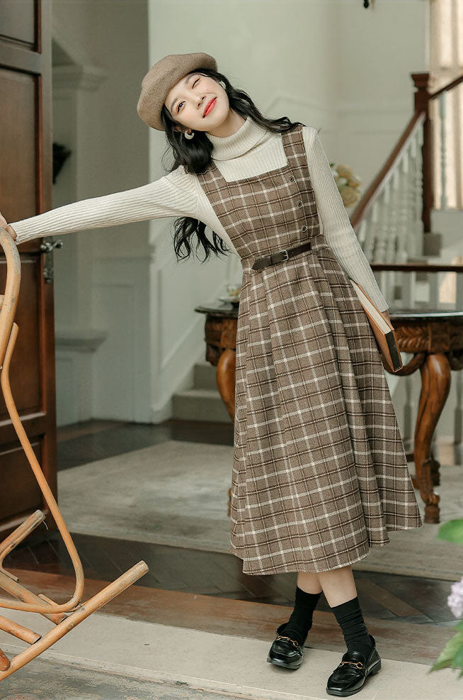 Cocoa Plaid Pinafore Midi Dress (Brown)