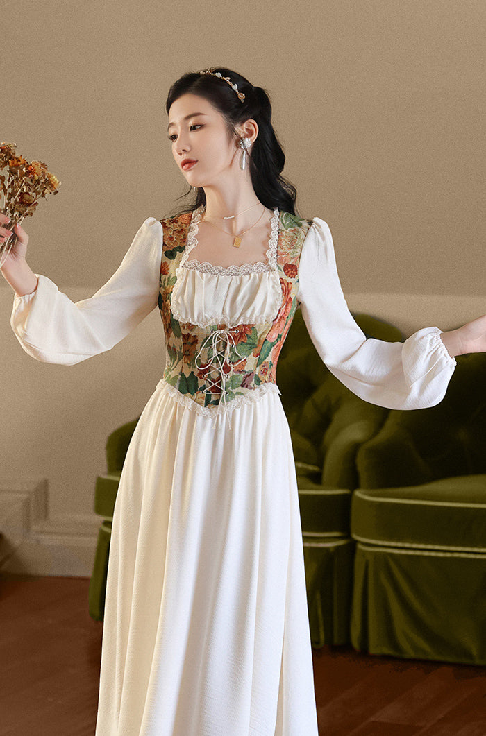 Floral Tapestry Jacquard Corset Dress (White) Chiffon / M Floral Tapestry Jacquard Corset Dress (White) Chiffon / M