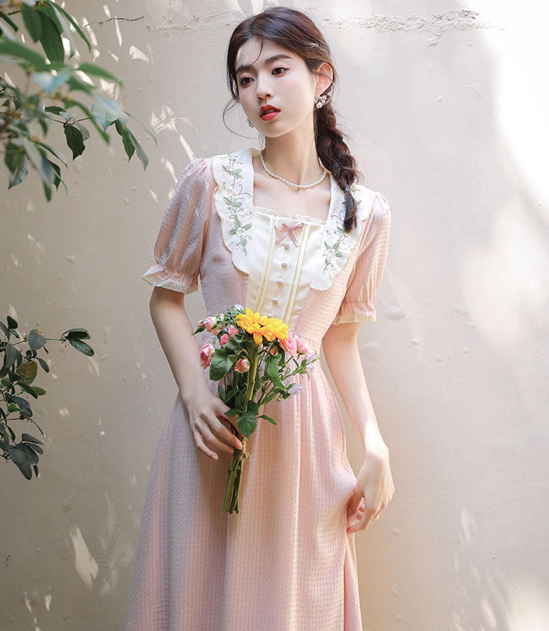 Sweet Floral Embroidered Midi Dress (Pink)