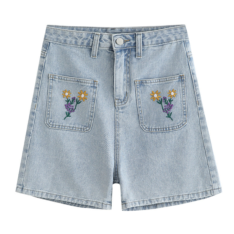 Sunny Flower Embroidered Shorts (Light Denim)