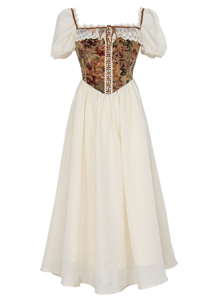 Rustic Floral Countryside Midi Dress (Cream)