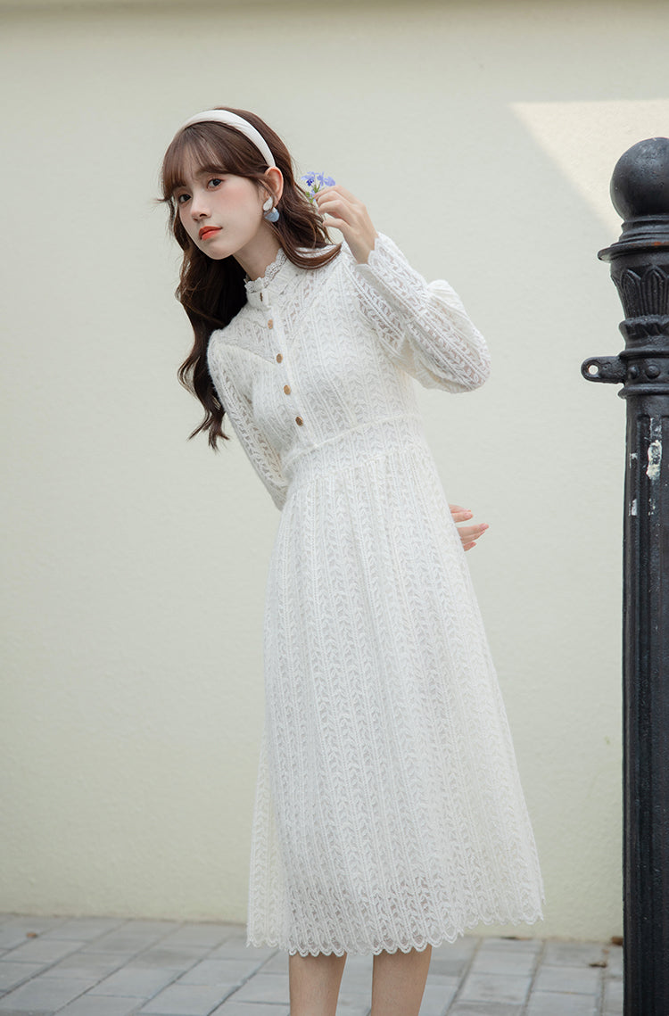 Lace & Vines Midi Dress (White)