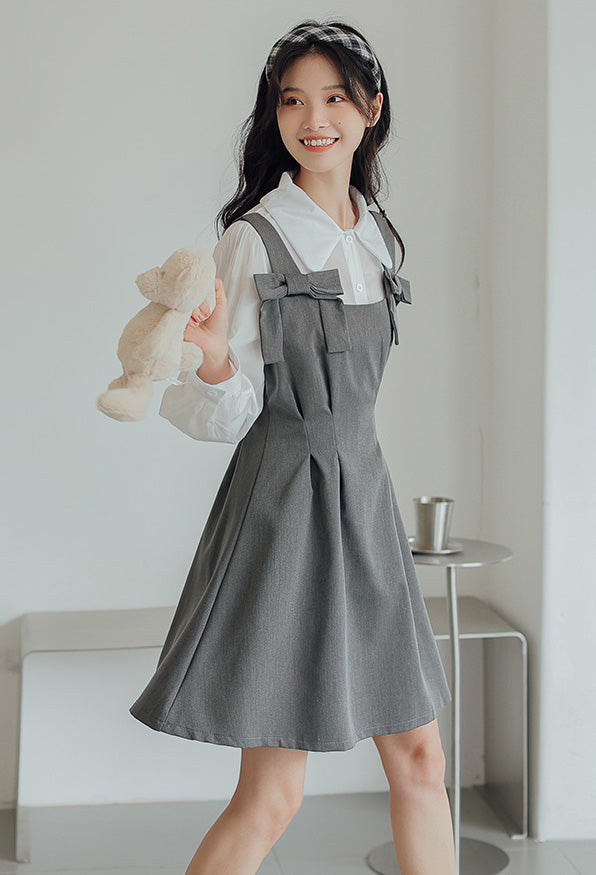 Little Bow Mini Pinafore Dress Set (2 Colors)