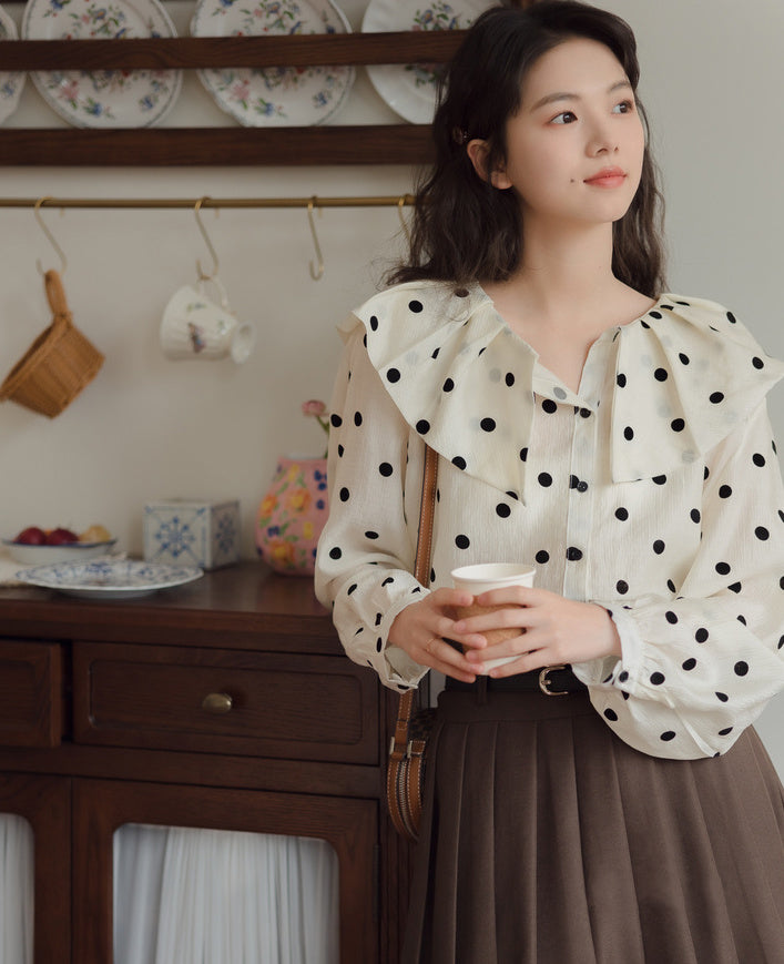 Polka Dot Ruffle Blouse (White)