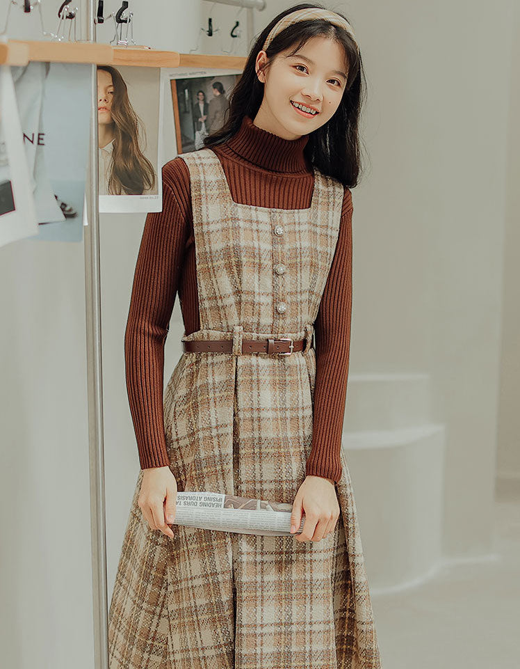 Latte Plaid Pinafore Dress (Khaki)