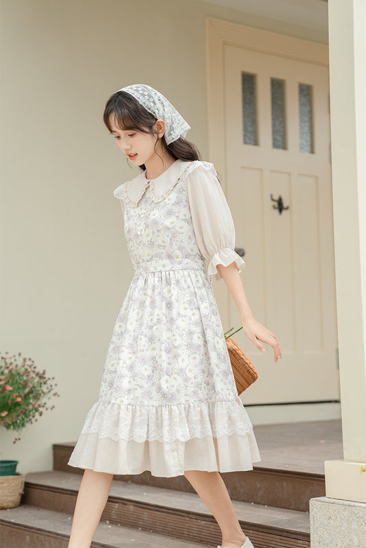 Daisy Maiden Midi Dress (Beige/Lilac)