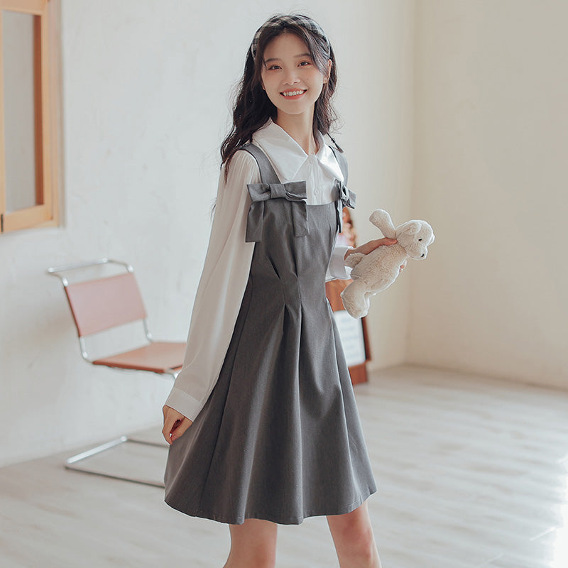 Little Bow Mini Pinafore Dress Set (2 Colors)