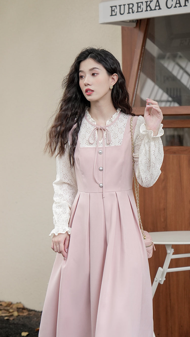 Floral Lace Twofer Midi Dress (Pink/White)