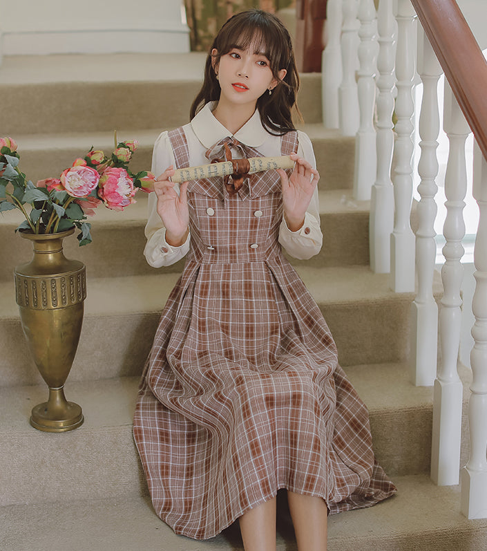 Cocoa Plaid Twofer Midi Dress (Cream/Brown)