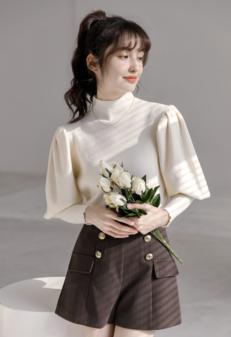 Puff Sleeve High Neck Sweater (Cream)