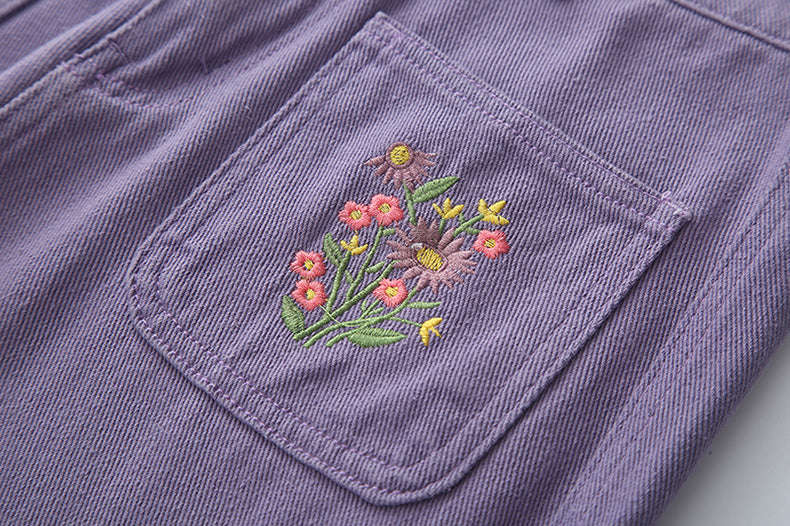 Embroidered Floral Pocket Jeans (Purple)