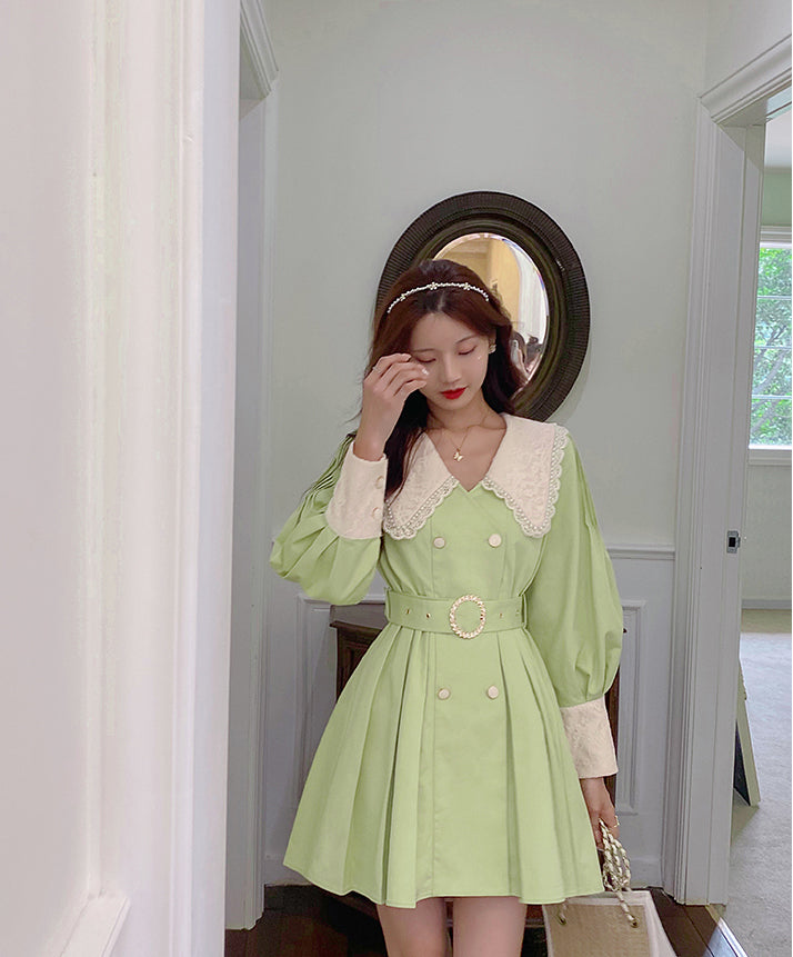 Matcha Peter Pan Pleated Dress (Green)