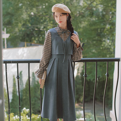 Plaid Suede Twofer Midi Dress (3 Colors)