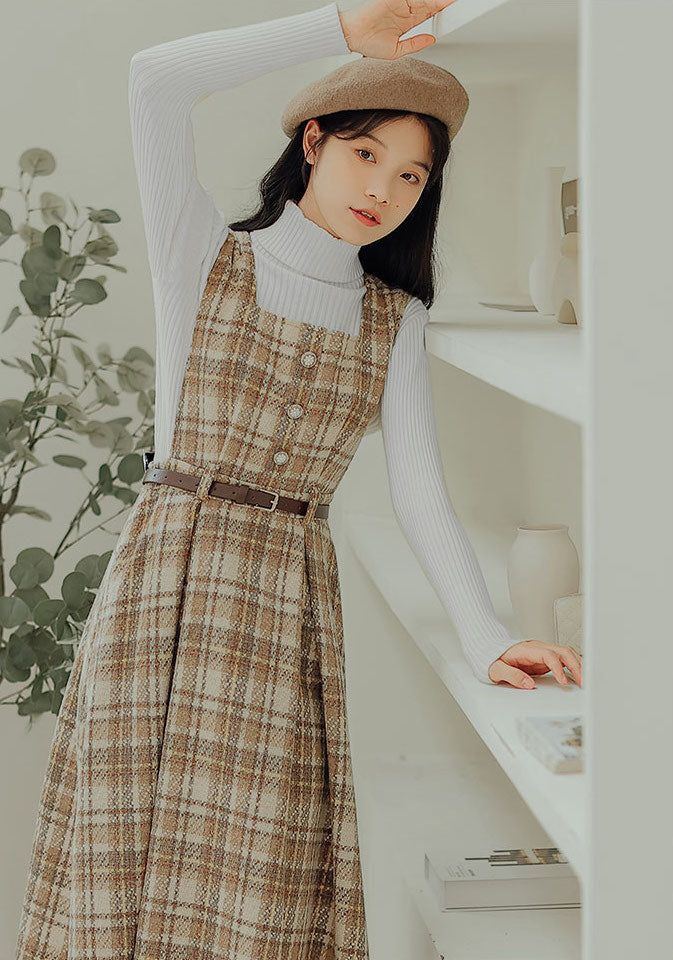 Latte Plaid Pinafore Dress (Khaki)