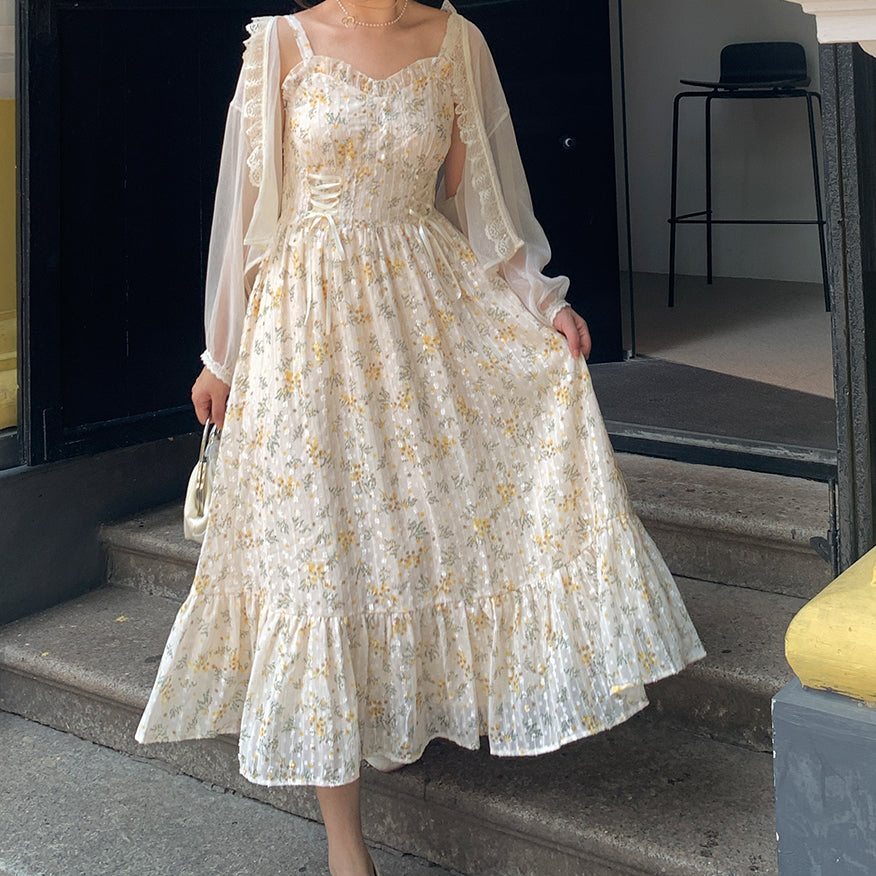 Ditsy Floral Lace Up Midi Dress (Cream/Yellow) Megoosta Fashion Ditsy Floral Lace Up Midi Dress (Cream/Yellow) Megoosta Fashion