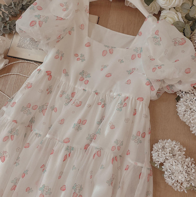 Strawberry Bunny Tiered Dress (White)