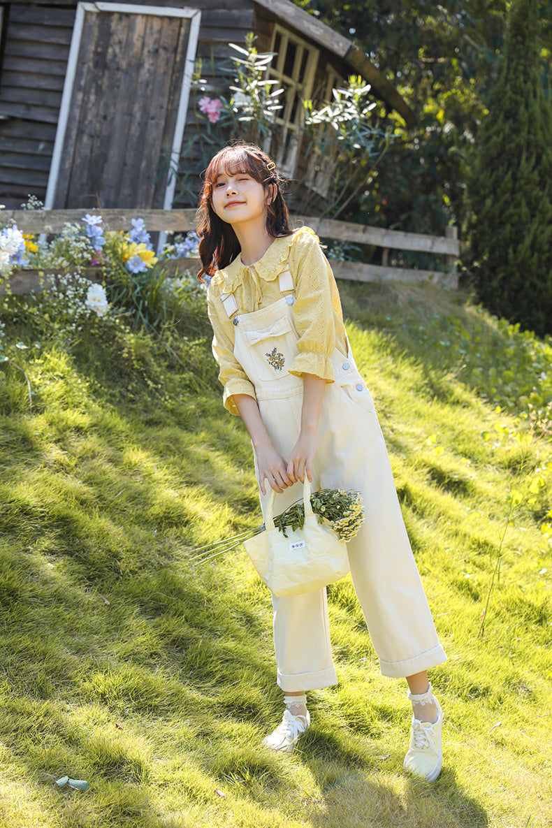 Bow Floral Embroidered Overalls (Cream)