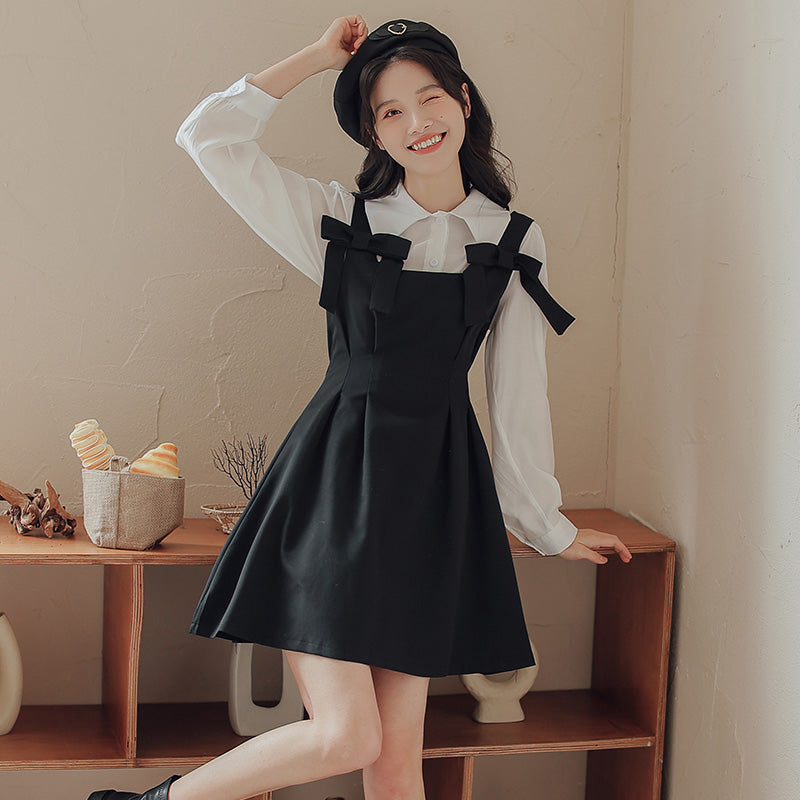 Little Bow Mini Pinafore Dress Set (2 Colors)