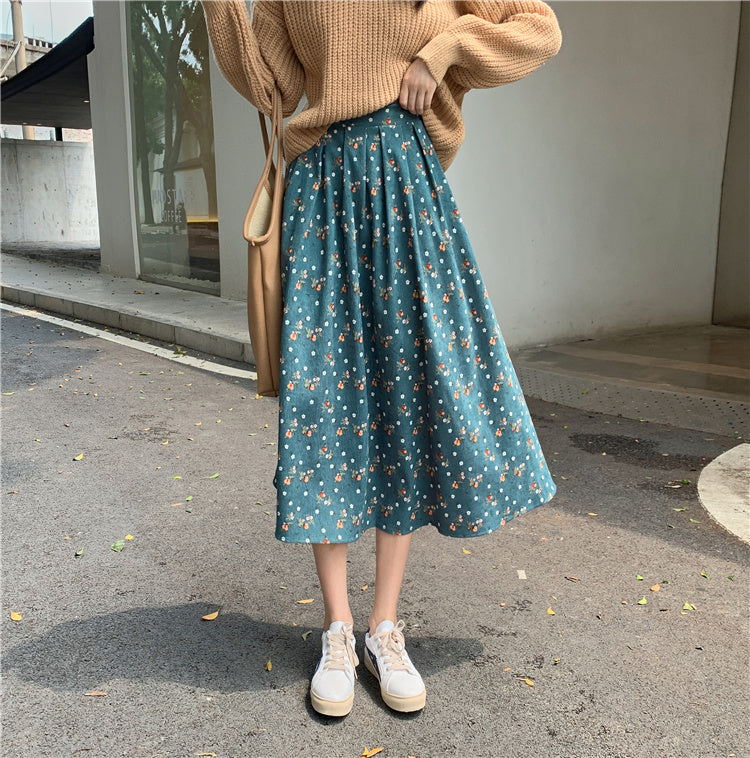 Raining Flowers Corduroy Midi Skirt (3 Colors)