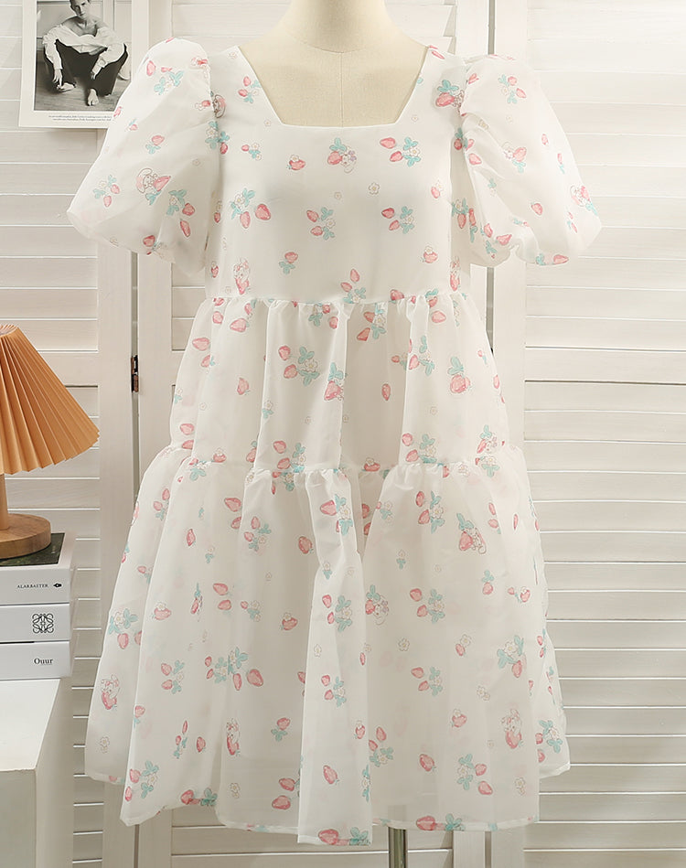 Strawberry Bunny Tiered Dress (White)