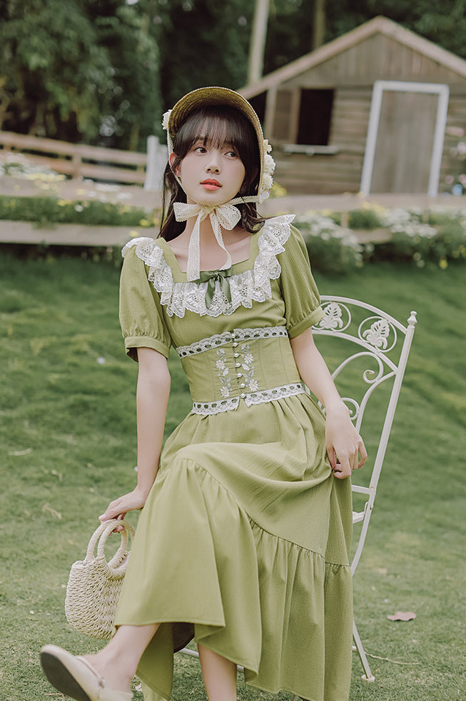 Matcha Daisy Corset Midi Dress (Green)