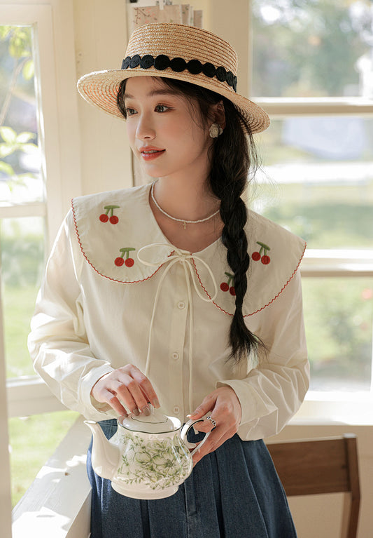 Sweet Cherry Collar Blouse (White)