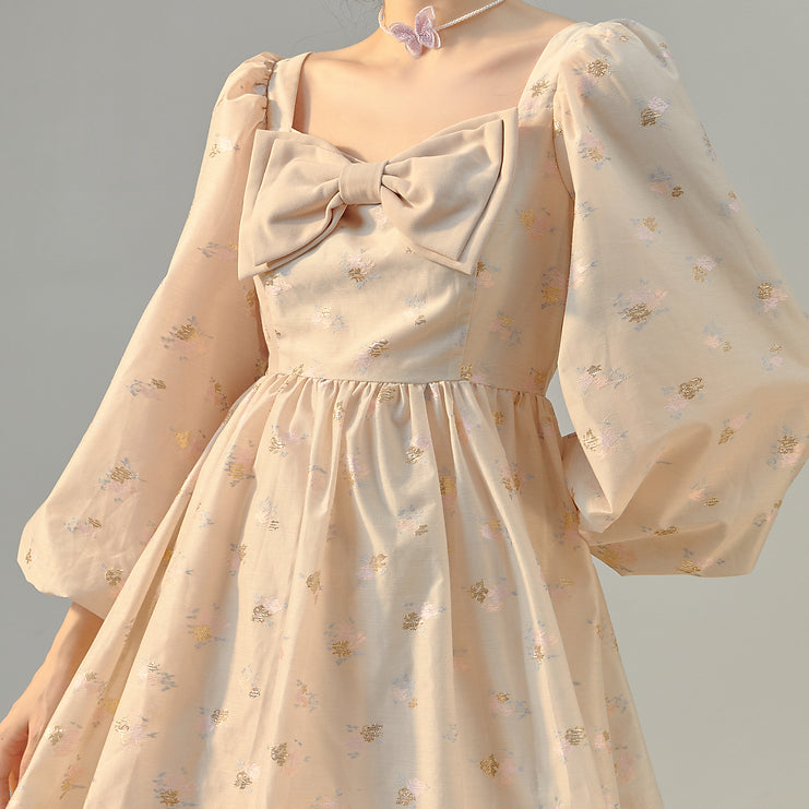 Puff Sleeve Bow Floral Jacquard Dress (Beige)