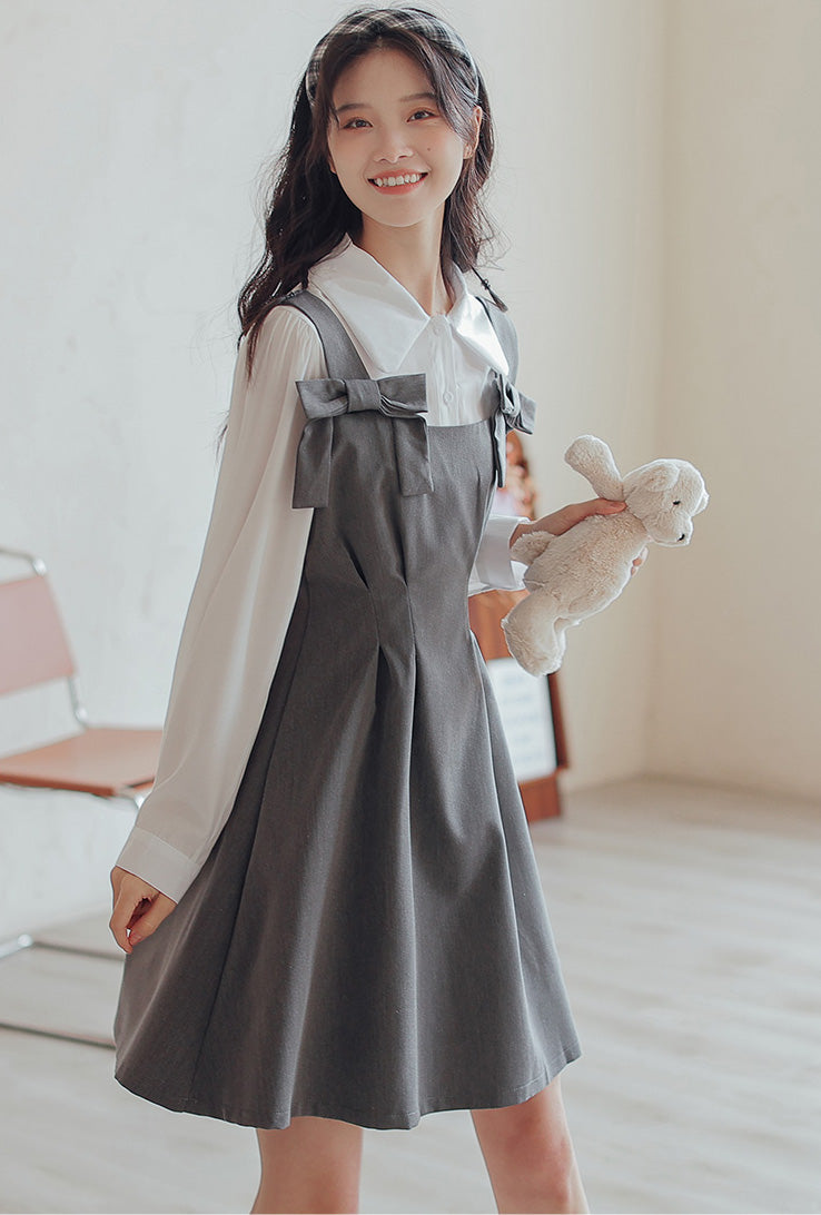 Little Bow Mini Pinafore Dress Set (2 Colors)