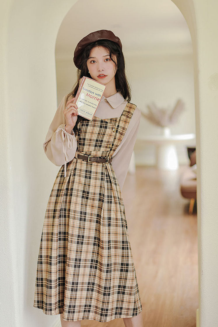 Honey Plaid Pinafore Dress (Khaki)