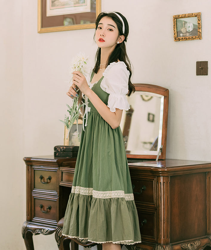 Country Maiden Lace Up Dress (Olive)