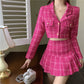 Tweed Plaid Blazer Skirt Set (Hot Pink)