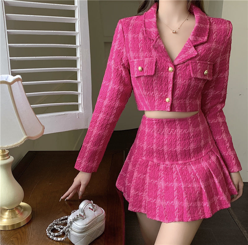 Tweed Plaid Blazer Skirt Set (Hot Pink)