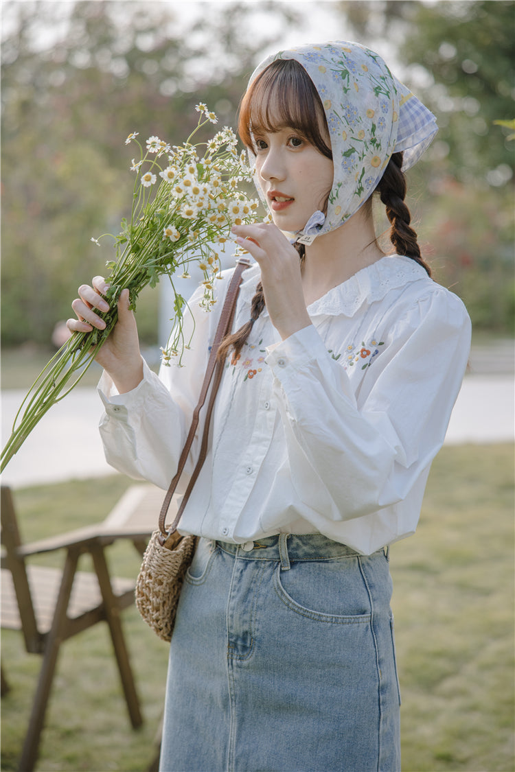 Falling Florals Embroidered Blouse (White)