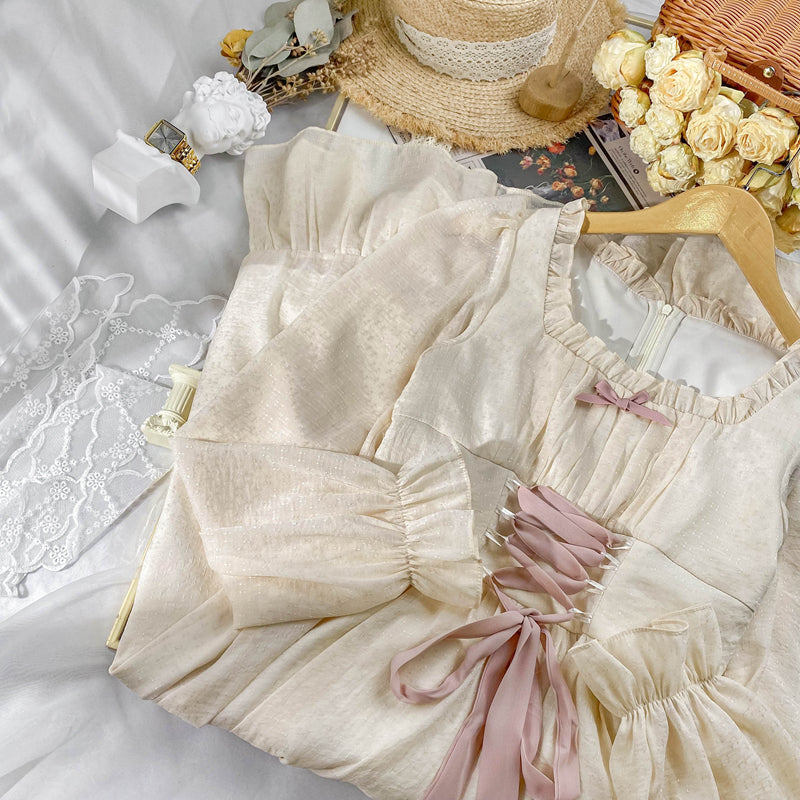 Meadow Corset Midi Dress (White/Pink)