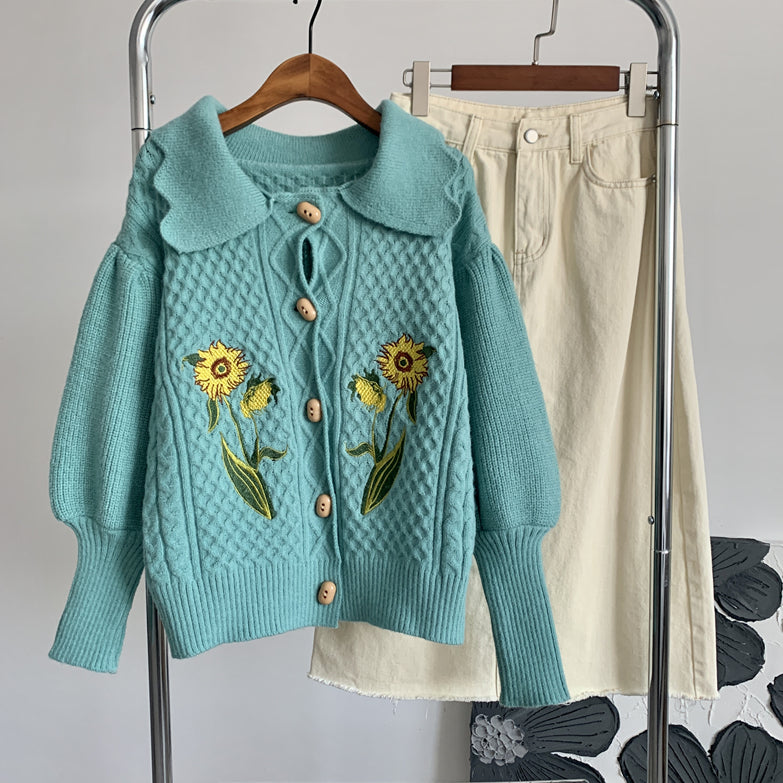 Sunflower Collared Cardigan (Turquoise)