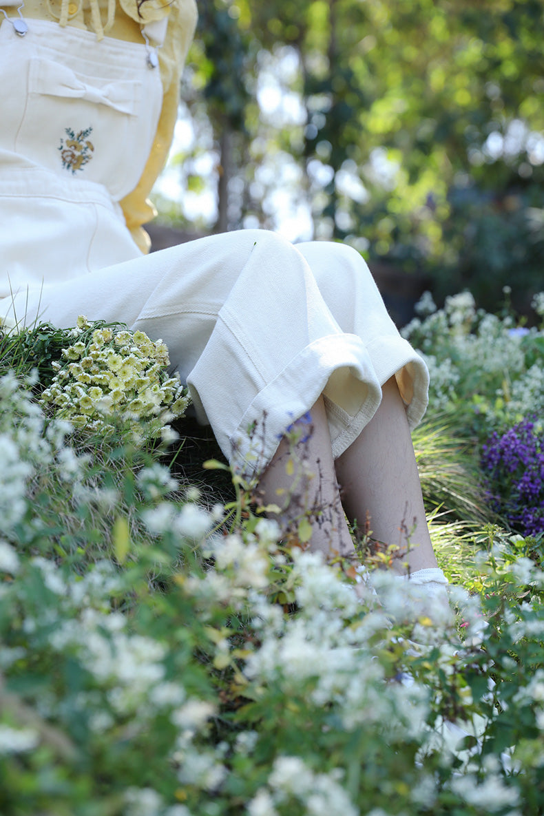 Bow Floral Embroidered Overalls (Cream)