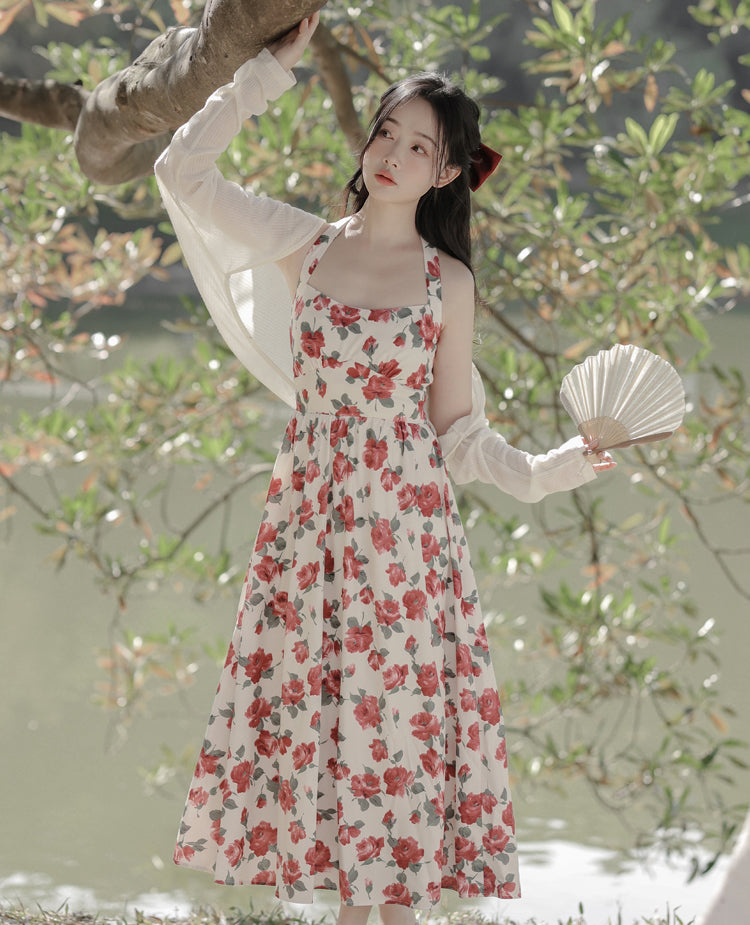 Retro Rose Midi Dress (White/Red)