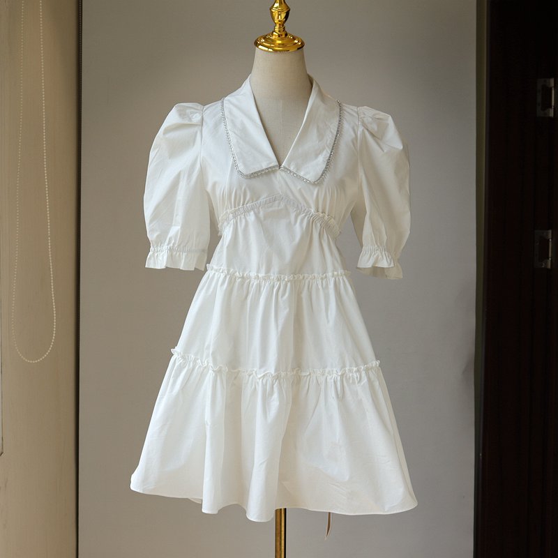 Peter Pan Collar Tiered Dress (White)