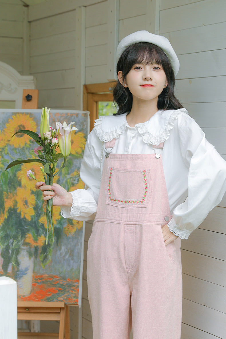 Daisy Chain Embroidered Denim Overalls (Pink)