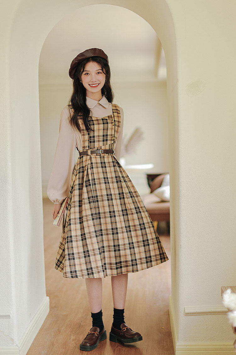 Honey Plaid Pinafore Dress (Khaki)